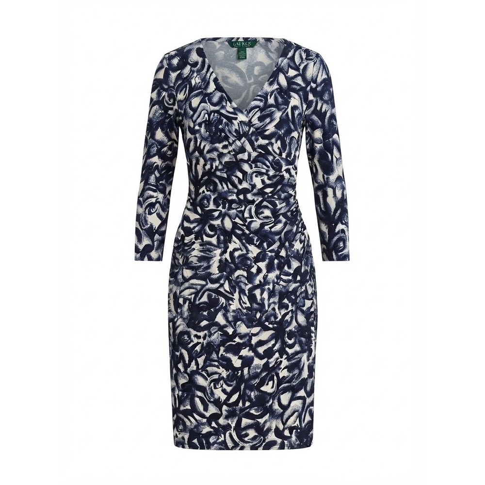 Lauren Ralph Lauren Dress Women 16 Blue White Floral Faux Wrap Sheath Good